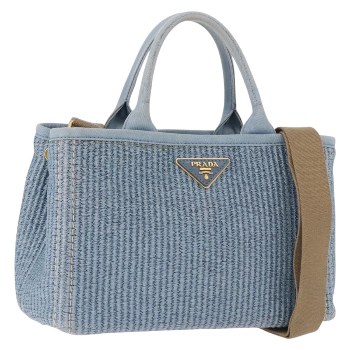 PRADA Hand Bag Straw 2way Light Blue Gold Auth 197472A
