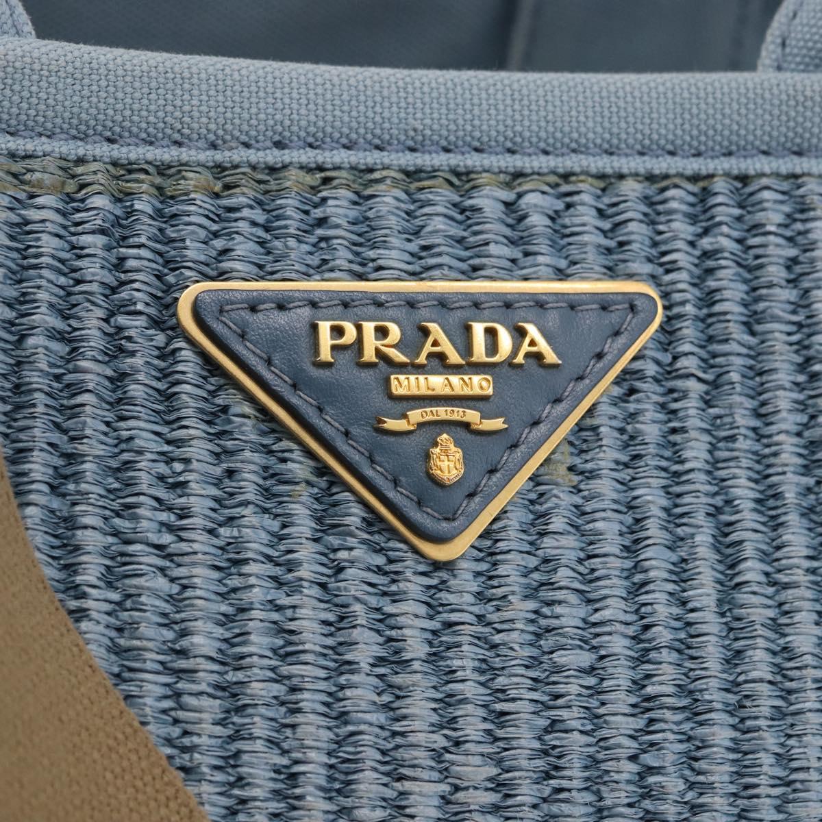 PRADA Hand Bag Straw 2way Light Blue Gold Auth 197472A