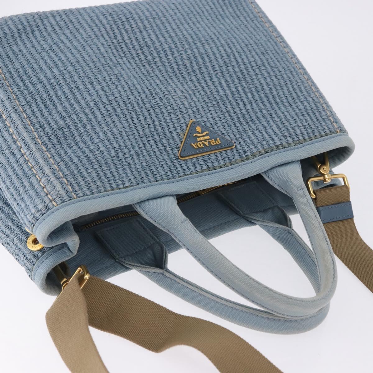 PRADA Hand Bag Straw 2way Light Blue Gold Auth 197472A