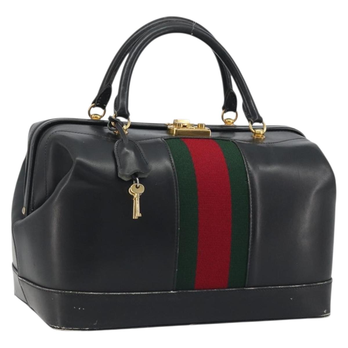 GUCCI Web Sherry Line Boston Bag Leather Black Gold Auth 197480