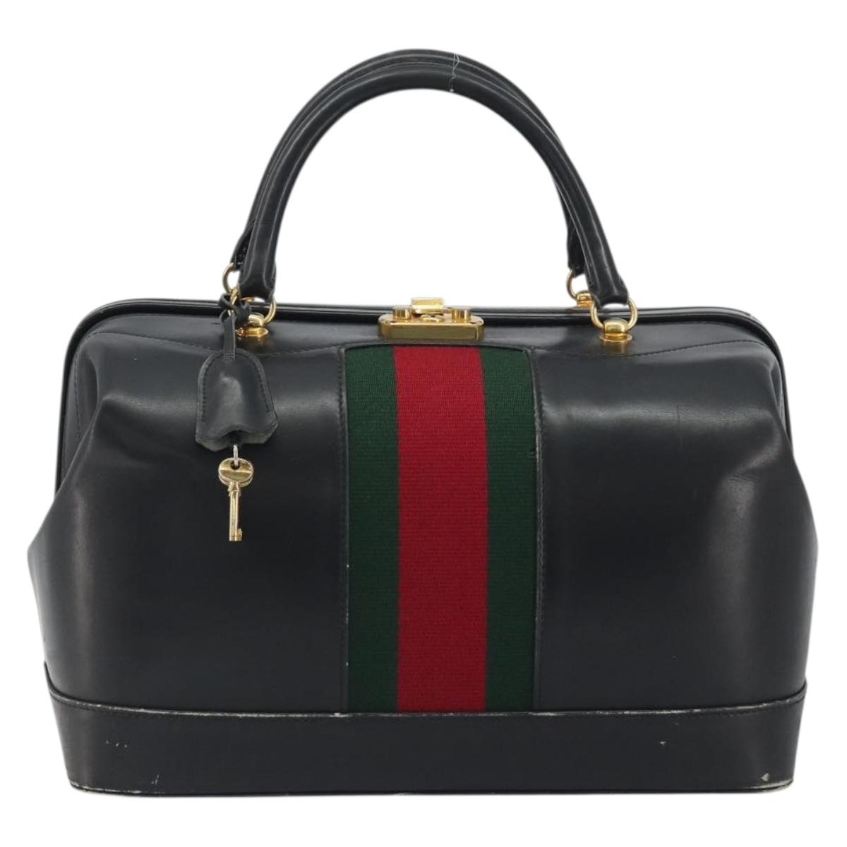 GUCCI Web Sherry Line Boston Bag Leather Black Gold Auth 197480