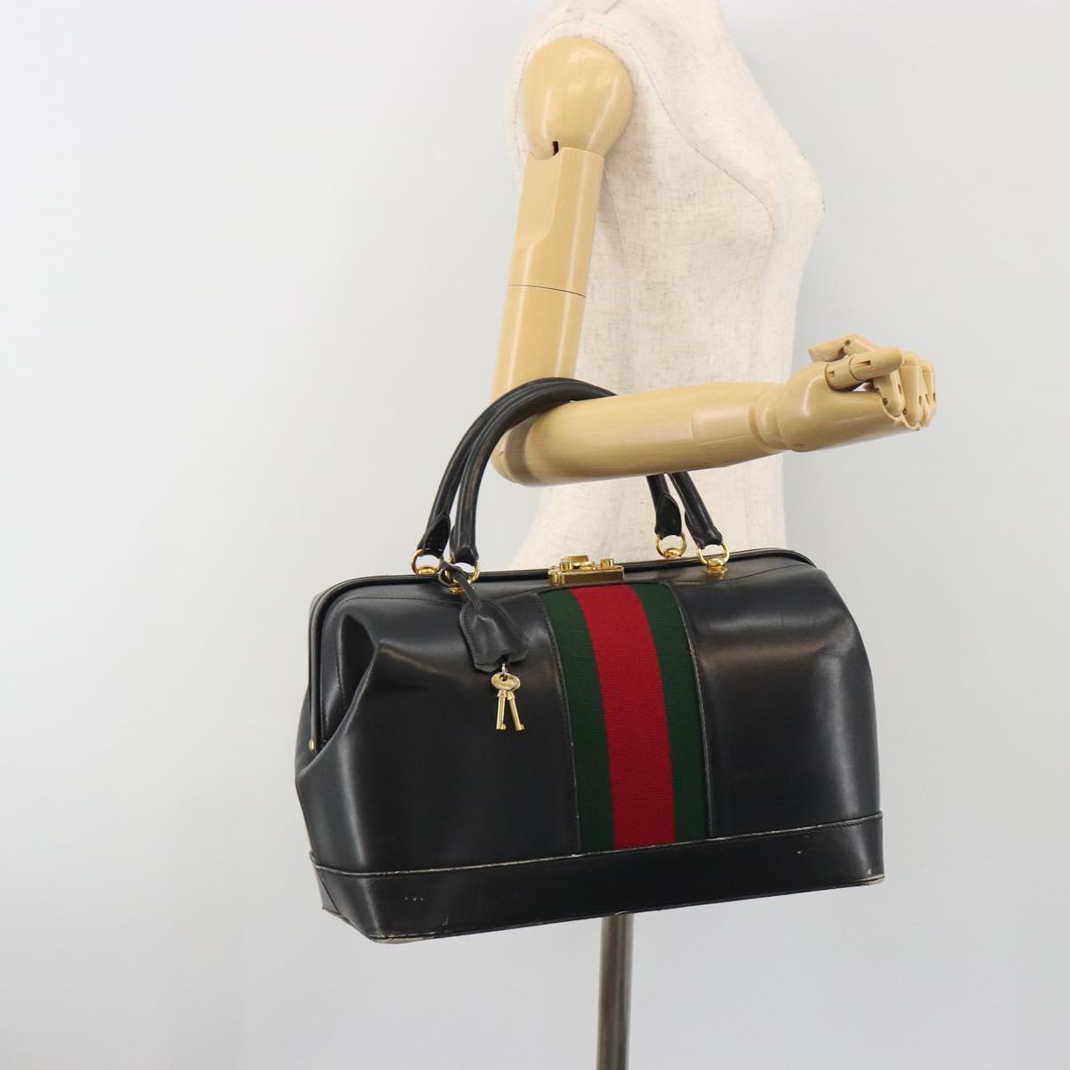 GUCCI Web Sherry Line Boston Bag Leather Black Gold Auth 197480