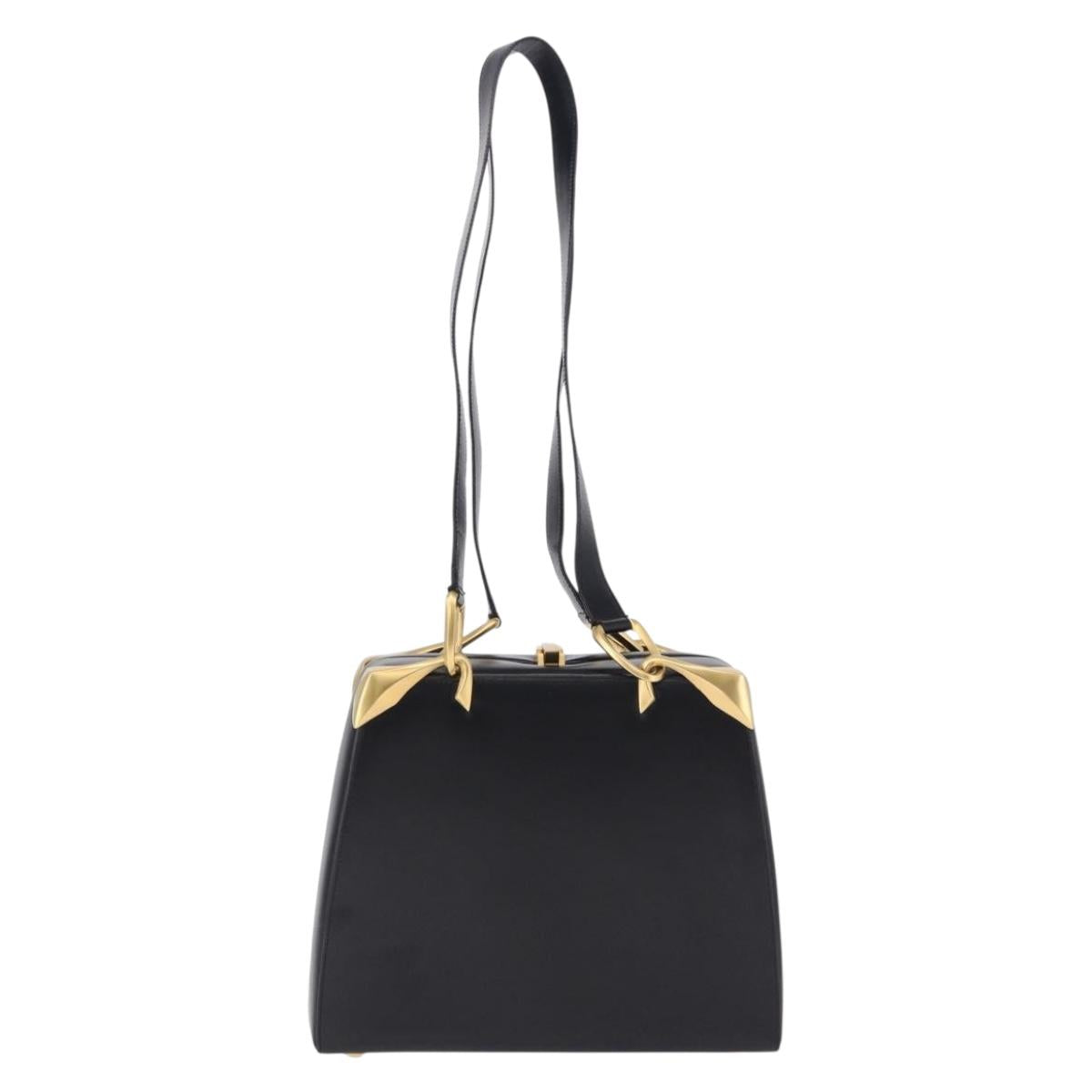 CELINE Shoulder Bag Leather Black Gold Auth 197483A
