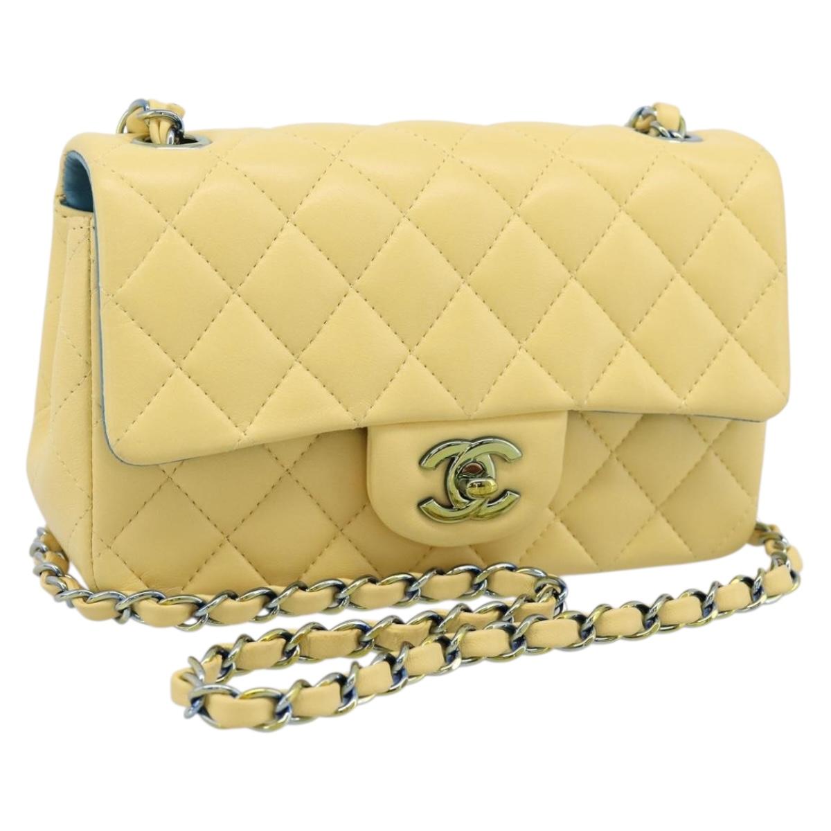 CHANEL Mini Matelasse 20 Chain Shoulder Bag Lamb Skin Yellow CC Auth 197490SV