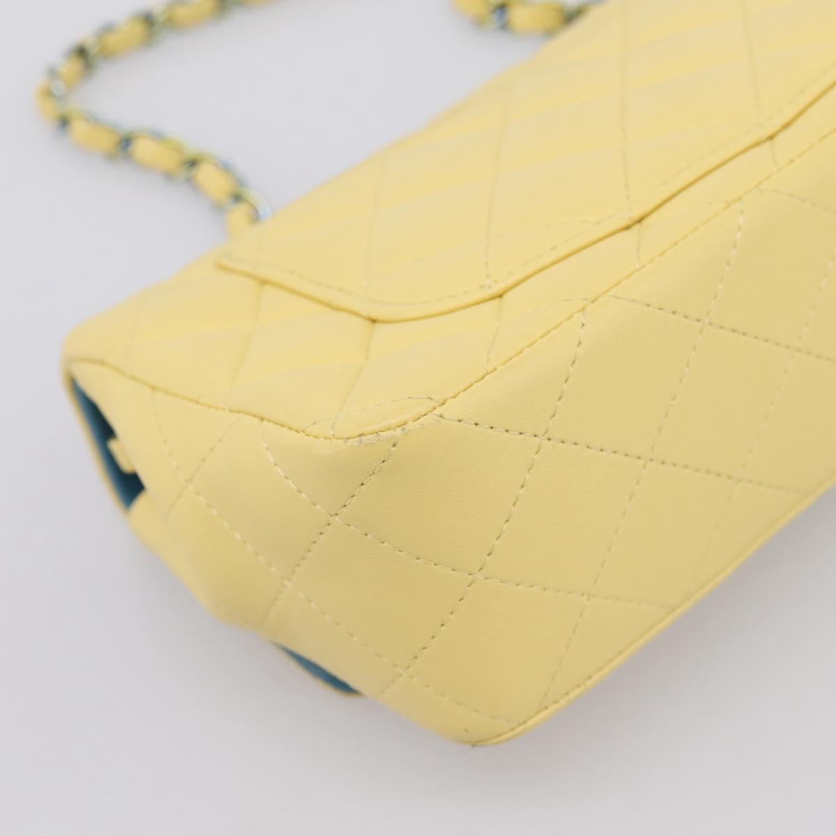 CHANEL Mini Matelasse 20 Chain Shoulder Bag Lamb Skin Yellow CC Auth 197490SV
