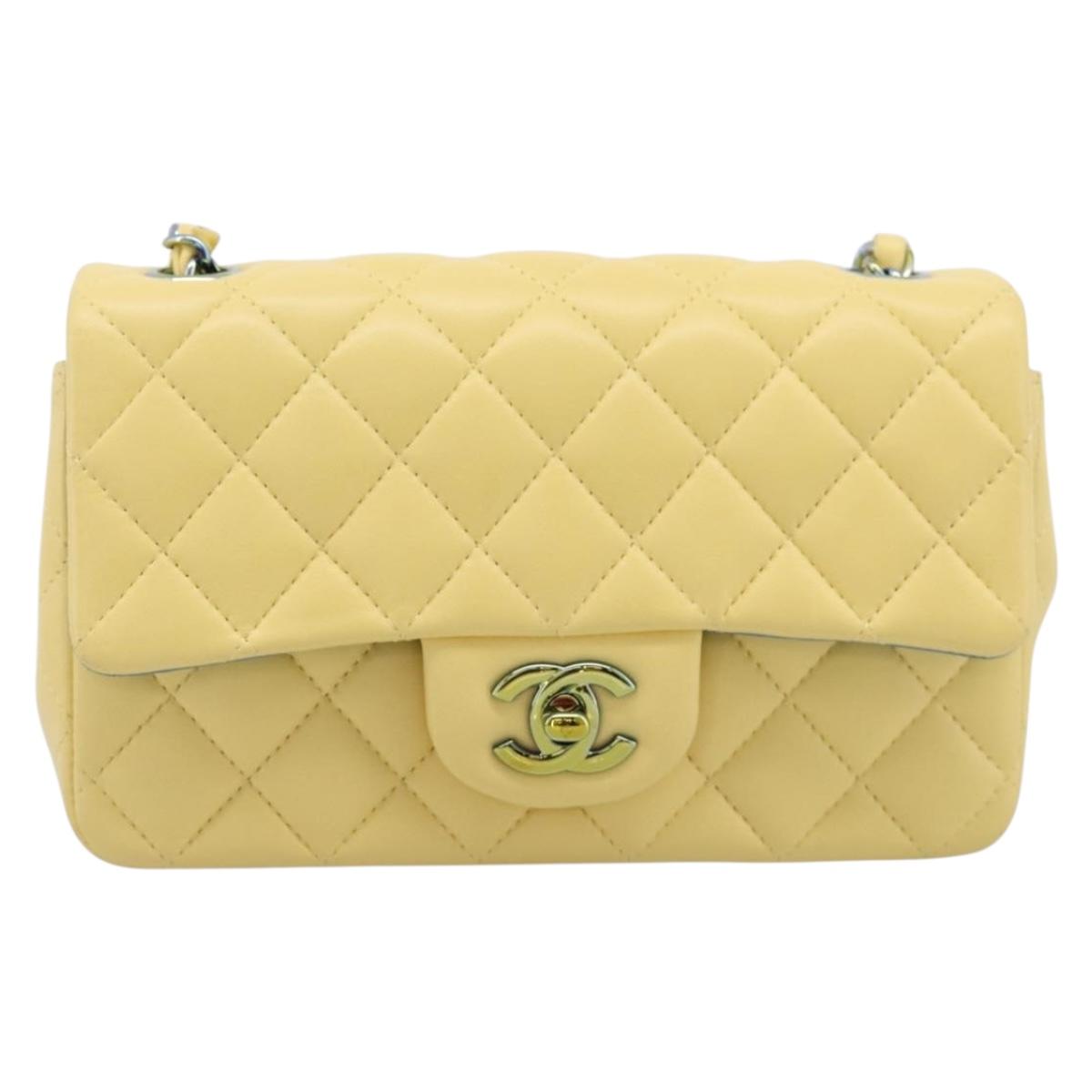 CHANEL Mini Matelasse 20 Chain Shoulder Bag Lamb Skin Yellow CC Auth 197490SV