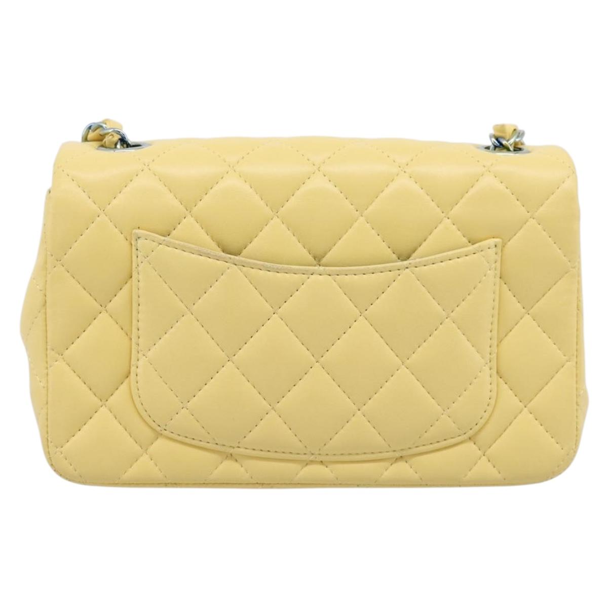 CHANEL Mini Matelasse 20 Chain Shoulder Bag Lamb Skin Yellow CC Auth 197490SV