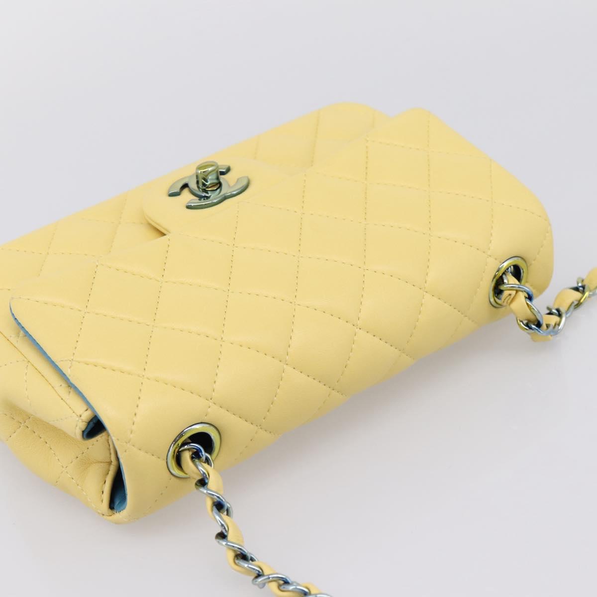 CHANEL Mini Matelasse 20 Chain Shoulder Bag Lamb Skin Yellow CC Auth 197490SV