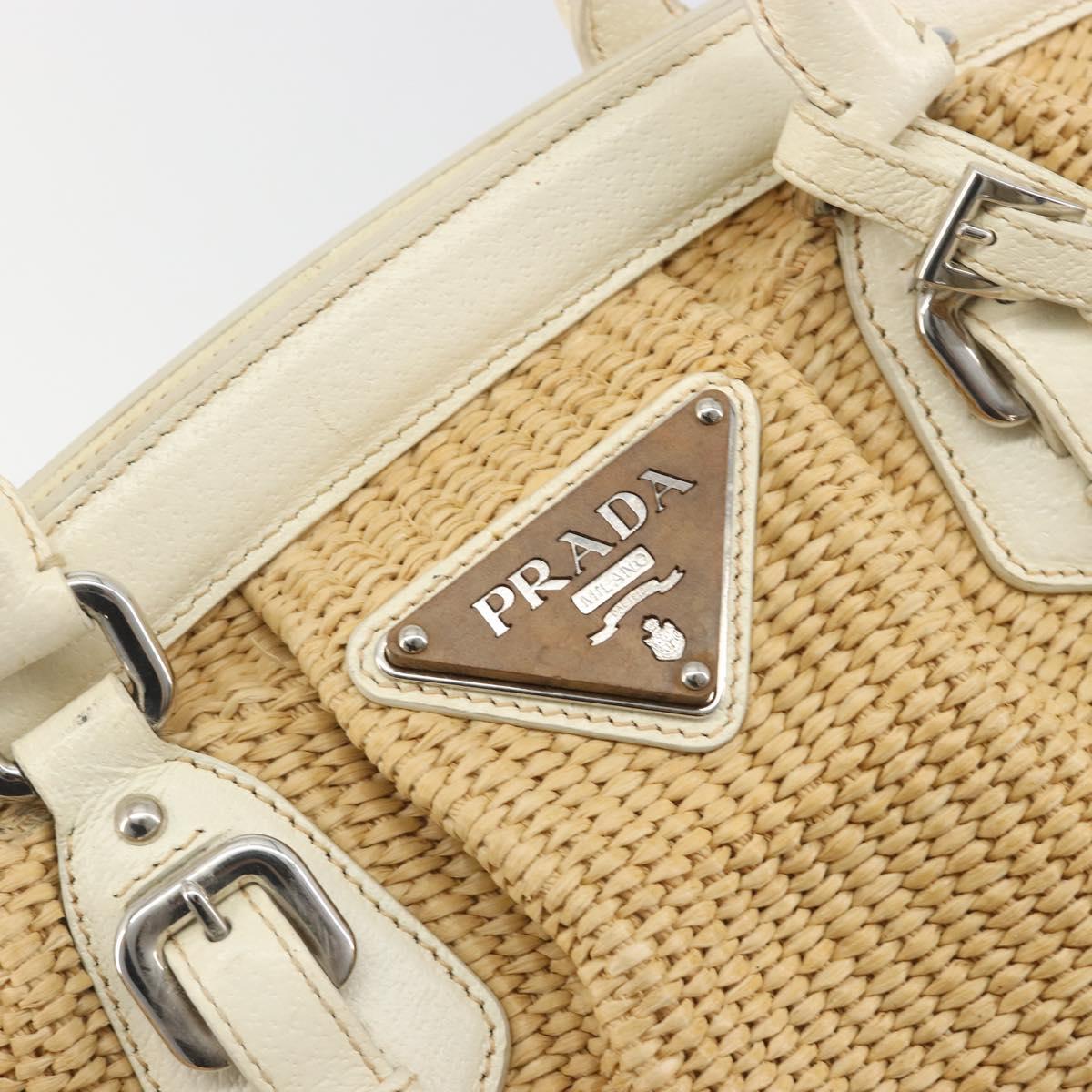 PRADA Hand Bag Straw Beige Silver Auth 197502A
