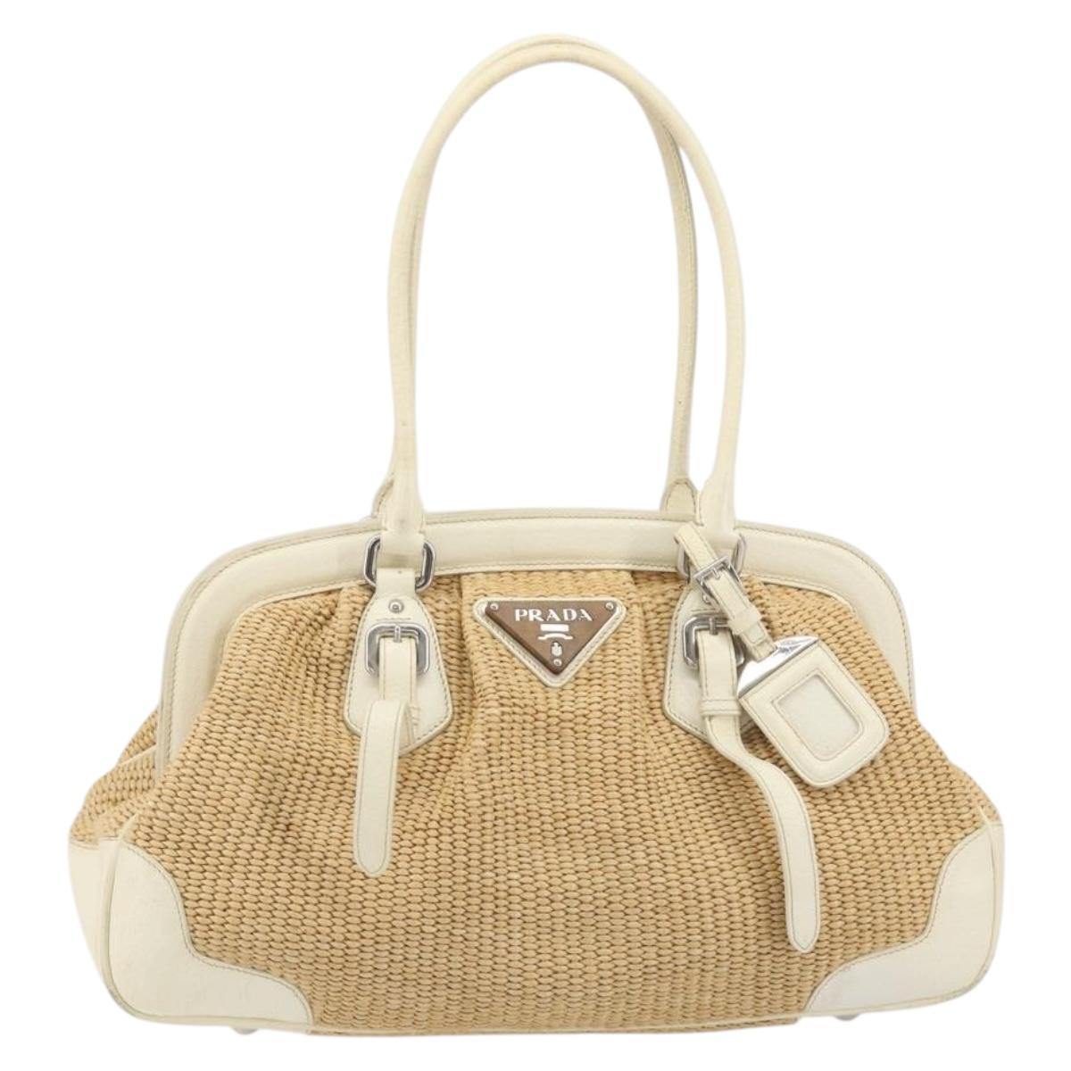 PRADA Hand Bag Straw Beige Silver Auth 197502A