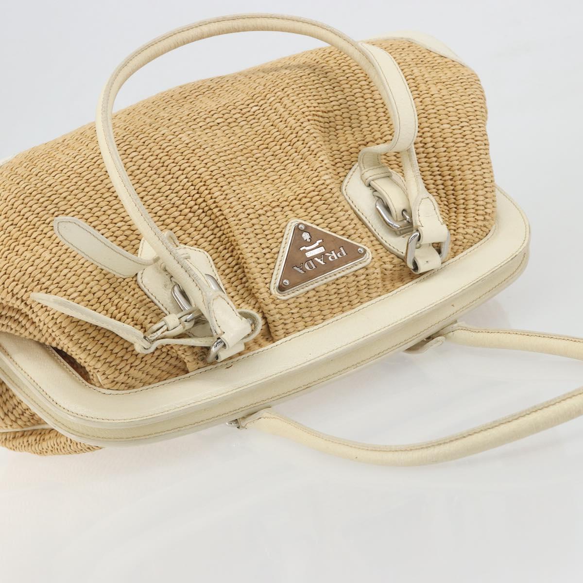PRADA Hand Bag Straw Beige Silver Auth 197502A