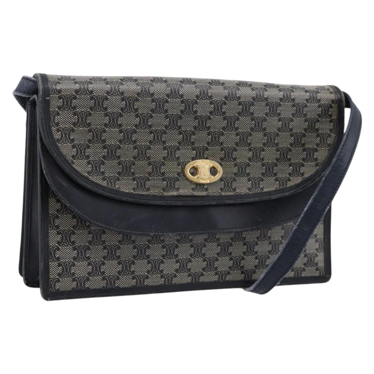 CELINE Macadam Canvas Shoulder Bag PVC Navy Gold Auth 197504