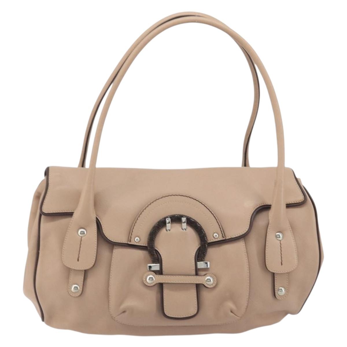 Salvatore Ferragamo Gancini Hand Bag Leather Beige Silver Auth 197508A