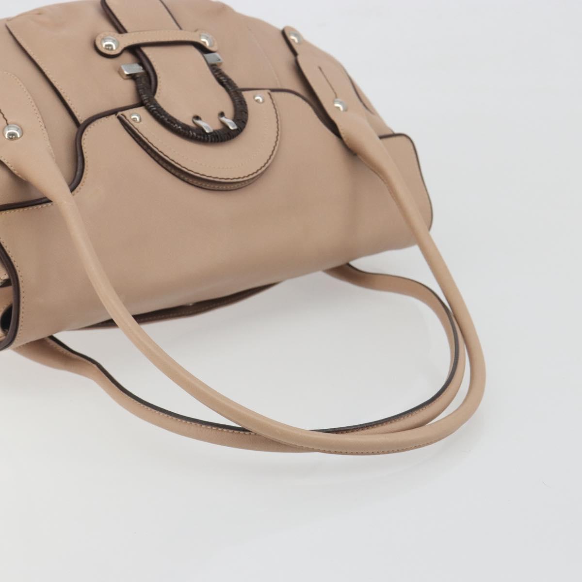 Salvatore Ferragamo Gancini Hand Bag Leather Beige Silver Auth 197508A