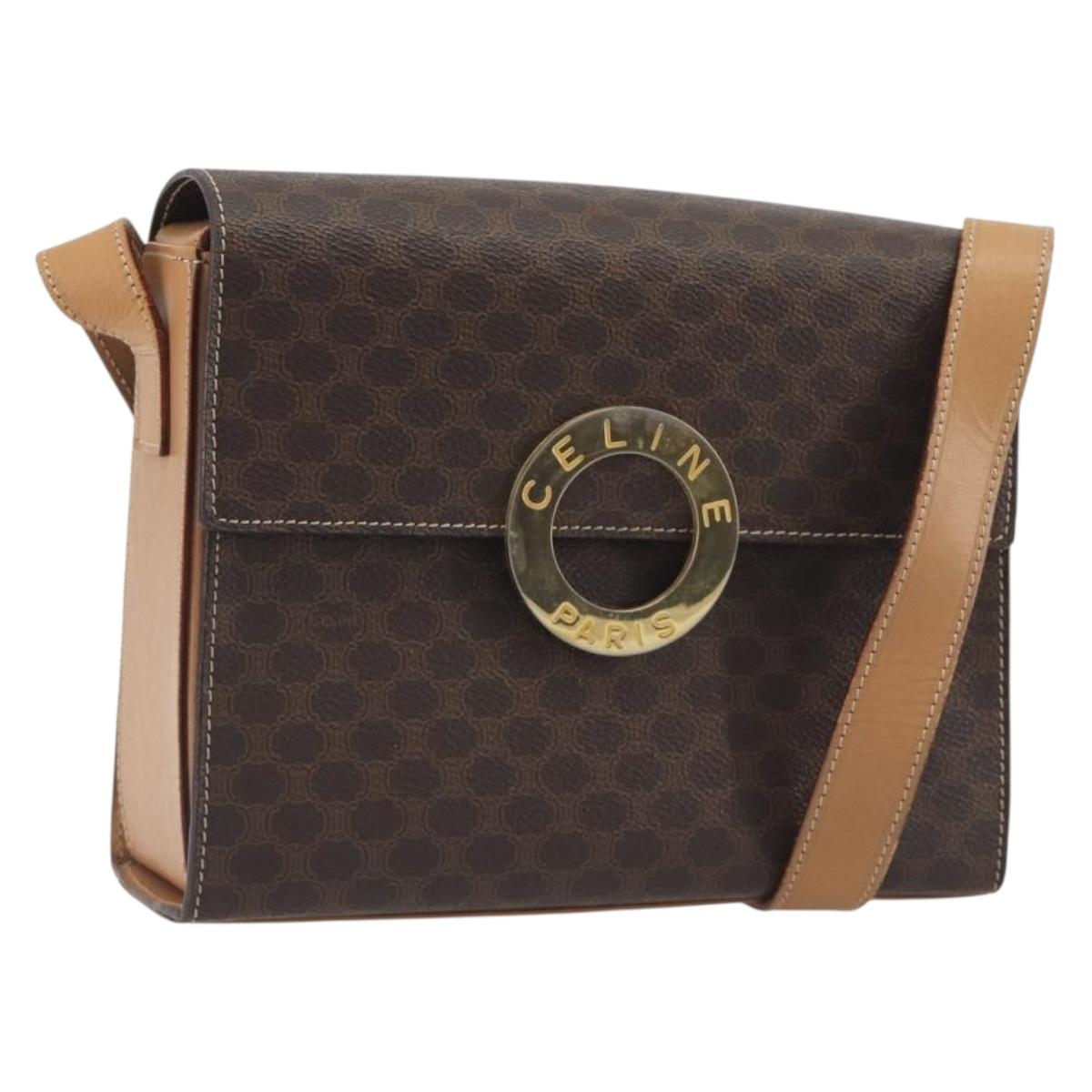 CELINE Macadam Canvas Circle Shoulder Bag PVC Leather Brown Gold Auth 197510A