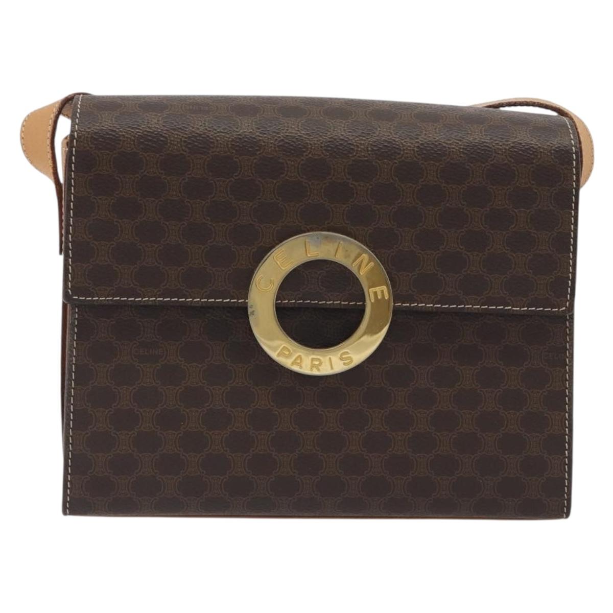 CELINE Macadam Canvas Circle Shoulder Bag PVC Leather Brown Gold Auth 197510A