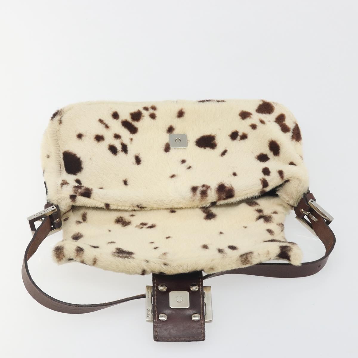 FENDI Mamma Baguette Shoulder Bag fur Ivory Silver Auth 197511SAM