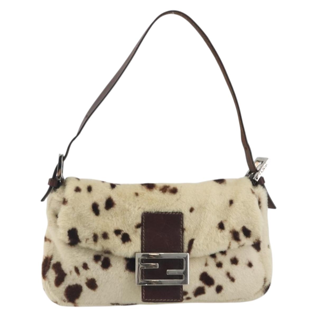 FENDI Mamma Baguette Shoulder Bag fur Ivory Silver Auth 197511SAM