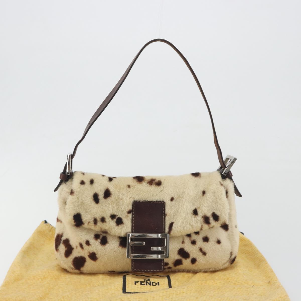 FENDI Mamma Baguette Shoulder Bag fur Ivory Silver Auth 197511SAM