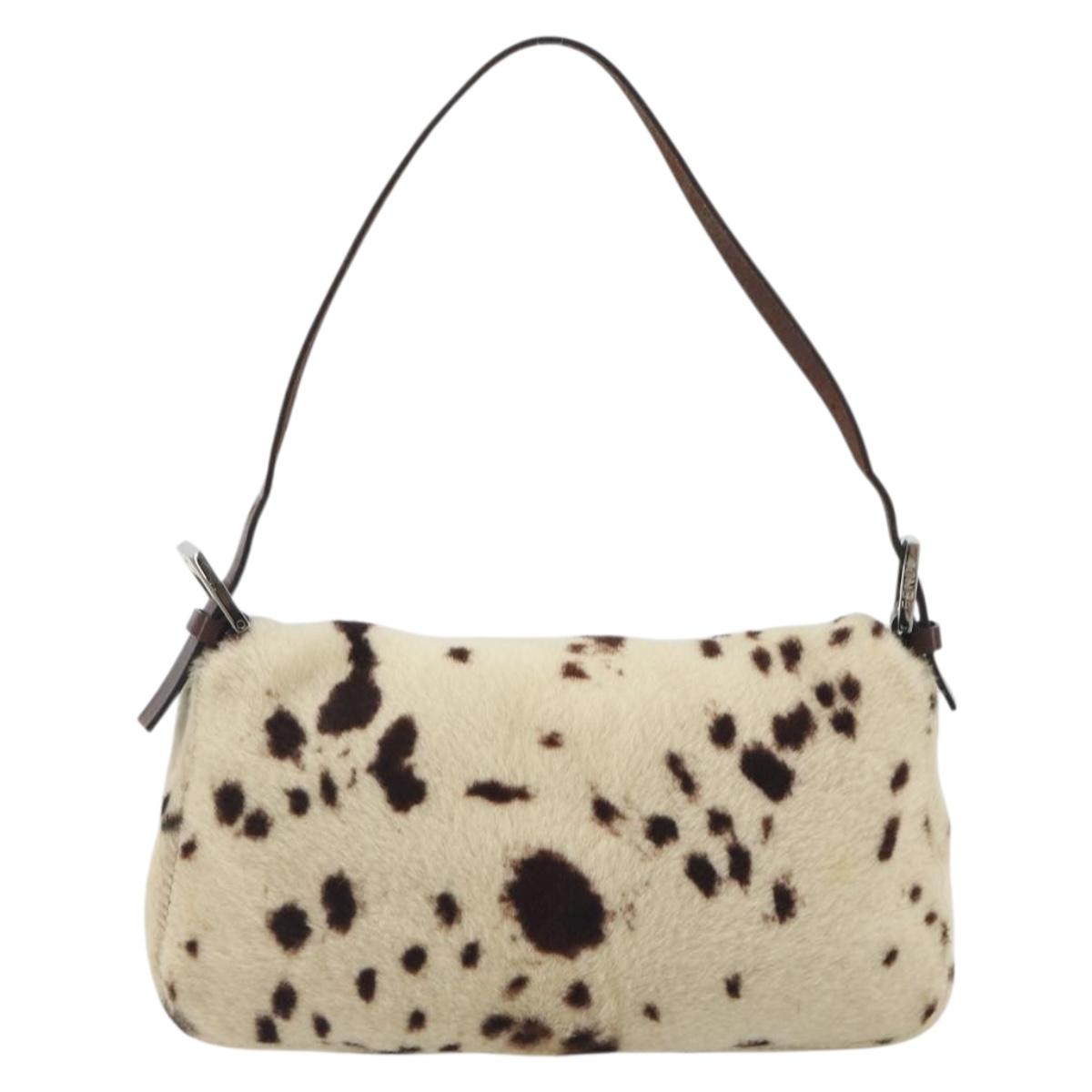FENDI Mamma Baguette Shoulder Bag fur Ivory Silver Auth 197511SAM