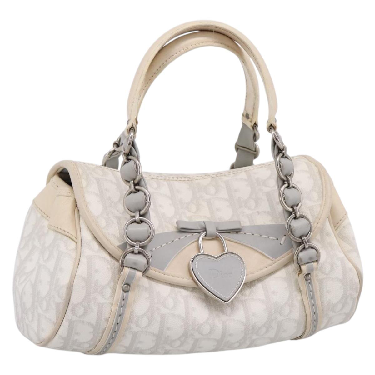 Christian Dior Trotter Canvas Romantic Hand Bag PVC White Silver Auth 197513V