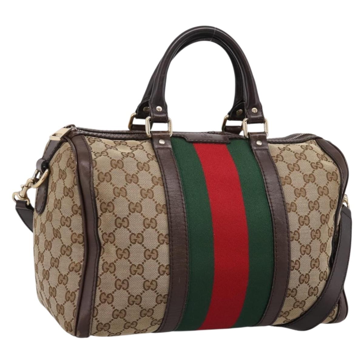 GUCCI GG Canvas Web Sherry Line Boston Bag 2way Beige Gold 247205 Auth 197515