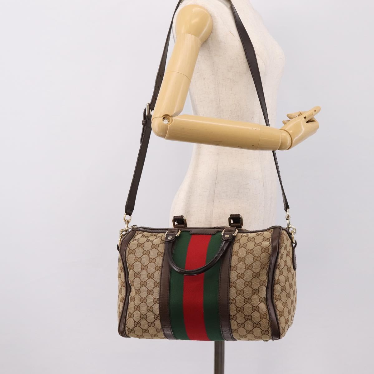 GUCCI GG Canvas Web Sherry Line Boston Bag 2way Beige Gold 247205 Auth 197515