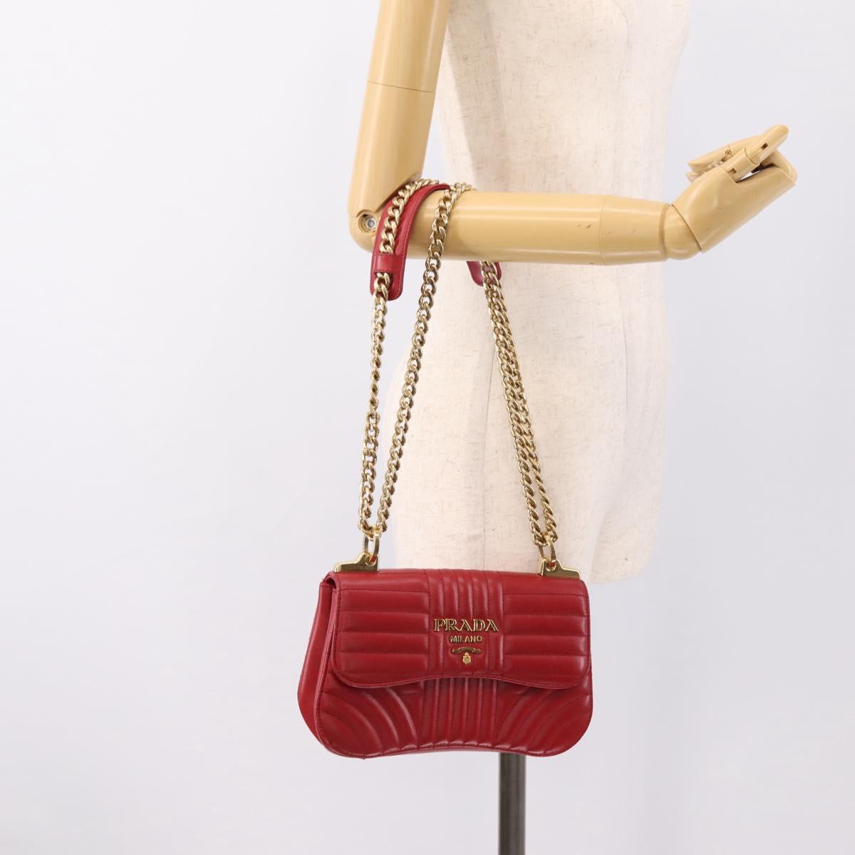 PRADA Diagram Chain Shoulder Bag Leather Red Gold Auth 197523V