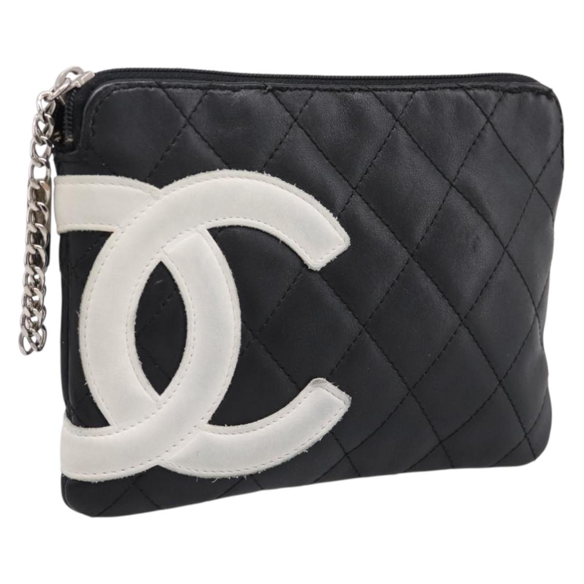 CHANEL Cambon Line Matelasse Pouch Leather Black Silver CC Auth 197572A