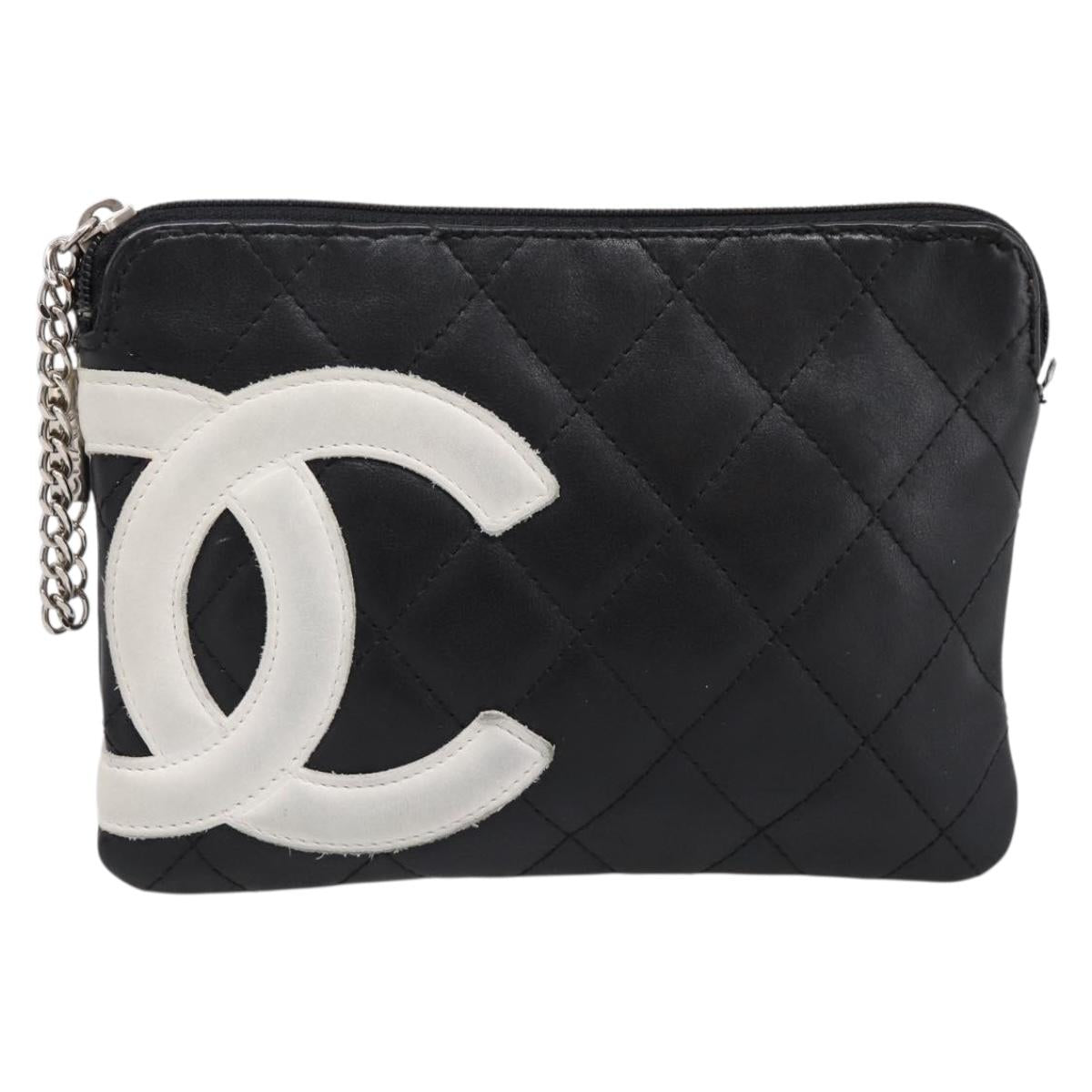 CHANEL Cambon Line Matelasse Pouch Leather Black Silver CC Auth 197572A