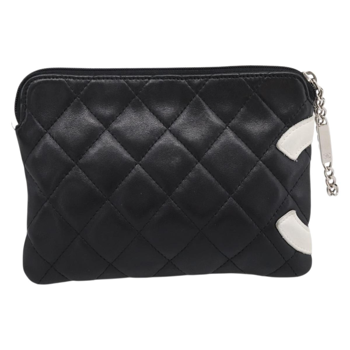 CHANEL Cambon Line Matelasse Pouch Leather Black Silver CC Auth 197572A