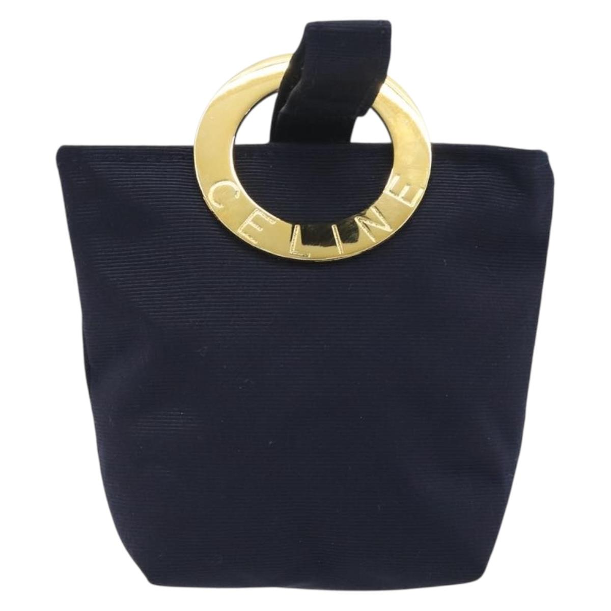 CELINE Circle Pouch Canvas Navy Gold Auth 197576A
