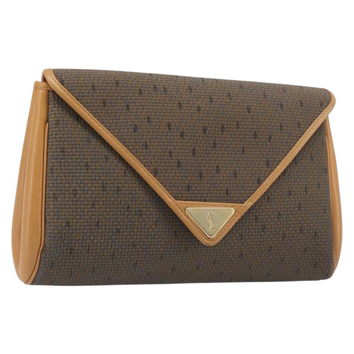 SAINT LAURENT Clutch Bag PVC Canvas Brown Gold Auth 197613A