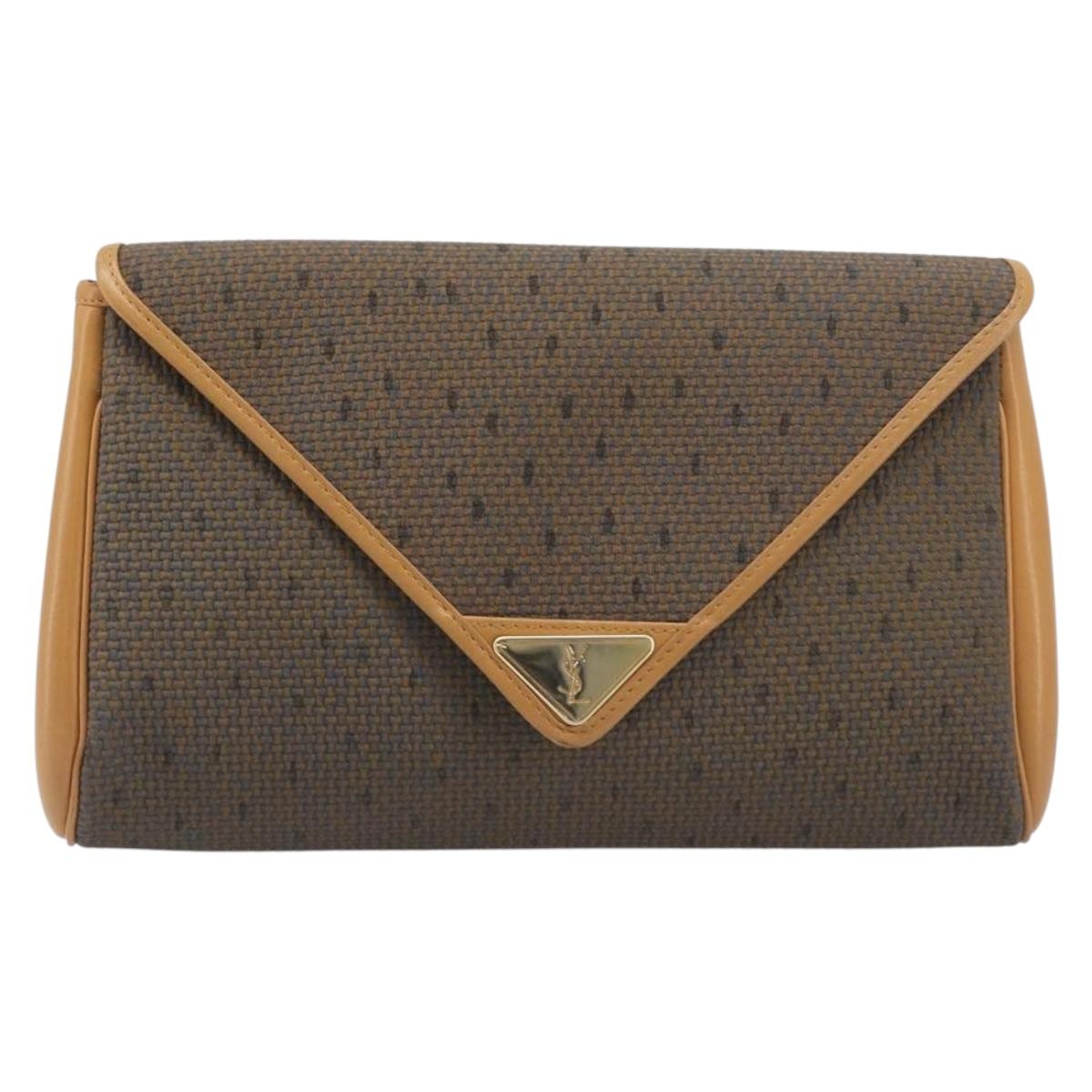 SAINT LAURENT Clutch Bag PVC Canvas Brown Gold Auth 197613A