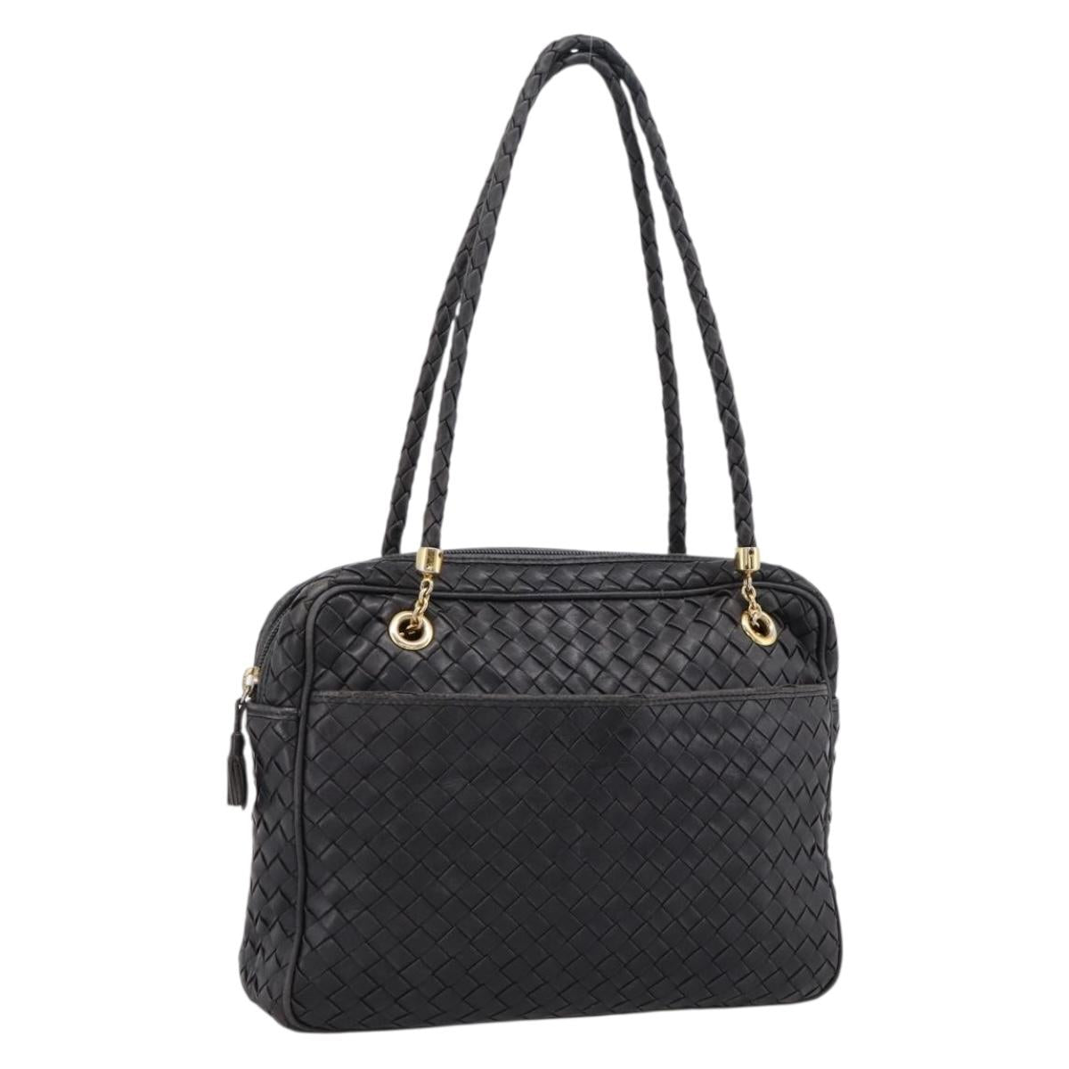 BOTTEGA VENETA INTRECCIATO Hand Bag Leather Black Gold Auth 197615