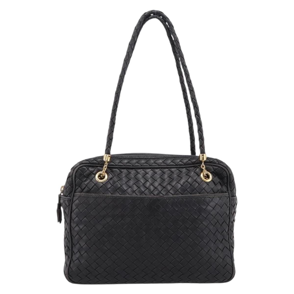 BOTTEGA VENETA INTRECCIATO Hand Bag Leather Black Gold Auth 197615