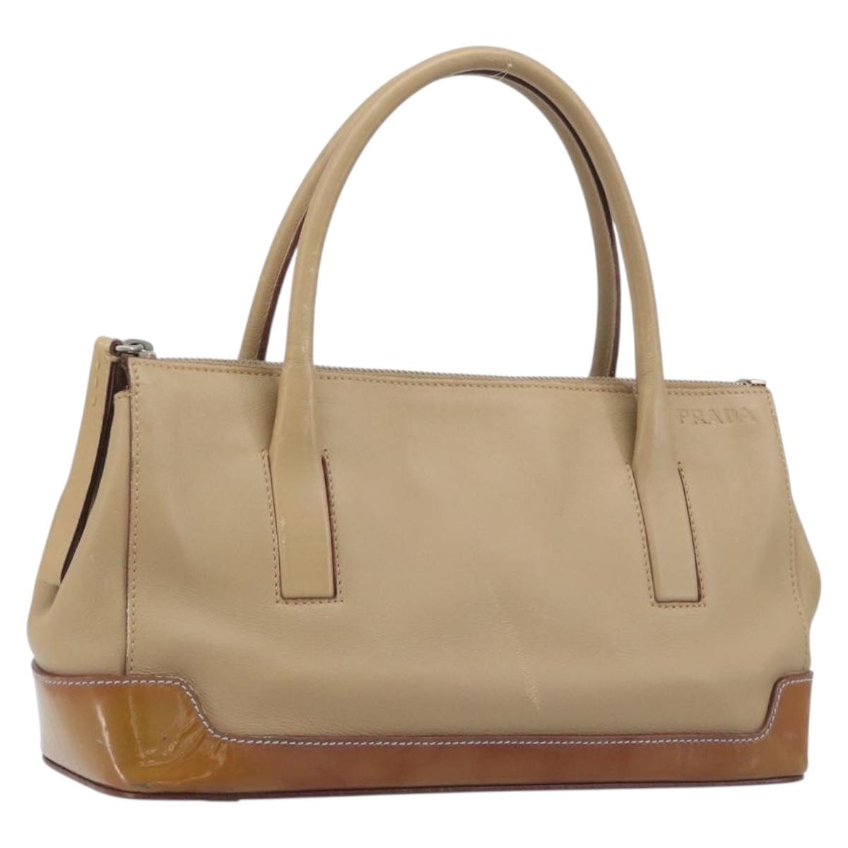 PRADA Hand Bag Leather Beige Silver Auth 197618