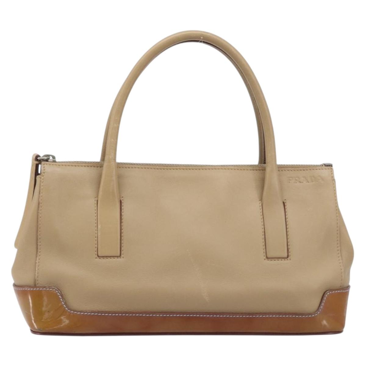 PRADA Hand Bag Leather Beige Silver Auth 197618