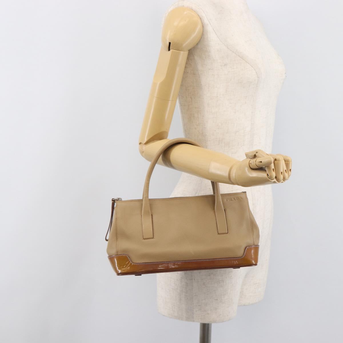 PRADA Hand Bag Leather Beige Silver Auth 197618