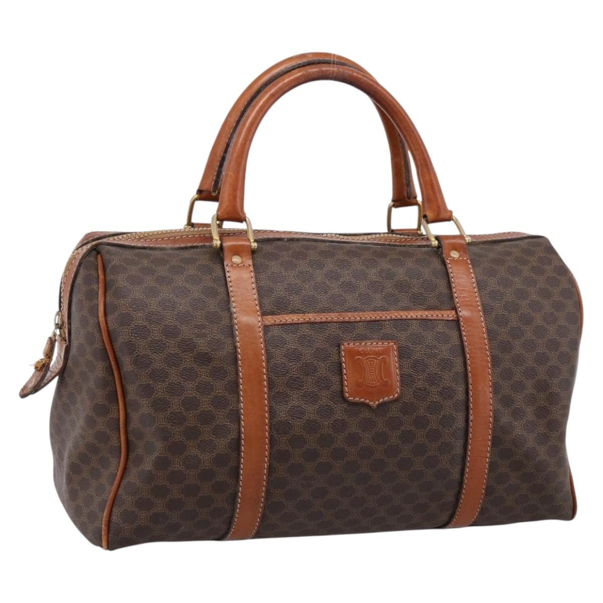 CELINE Macadam Canvas Boston Bag PVC Leather Brown Gold Auth 197619