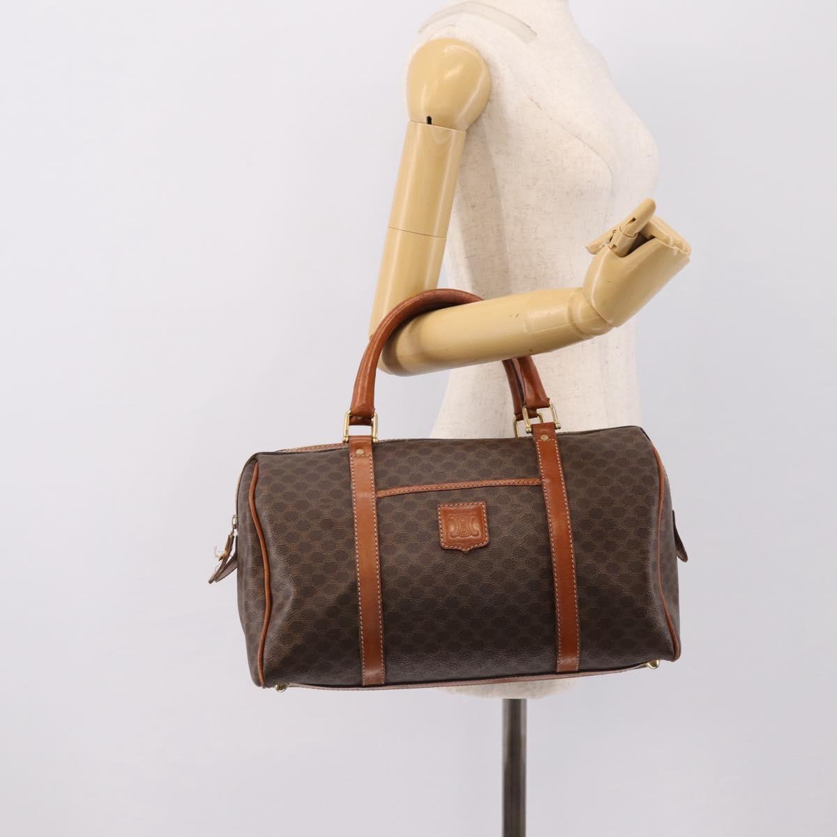 CELINE Macadam Canvas Boston Bag PVC Leather Brown Gold Auth 197619