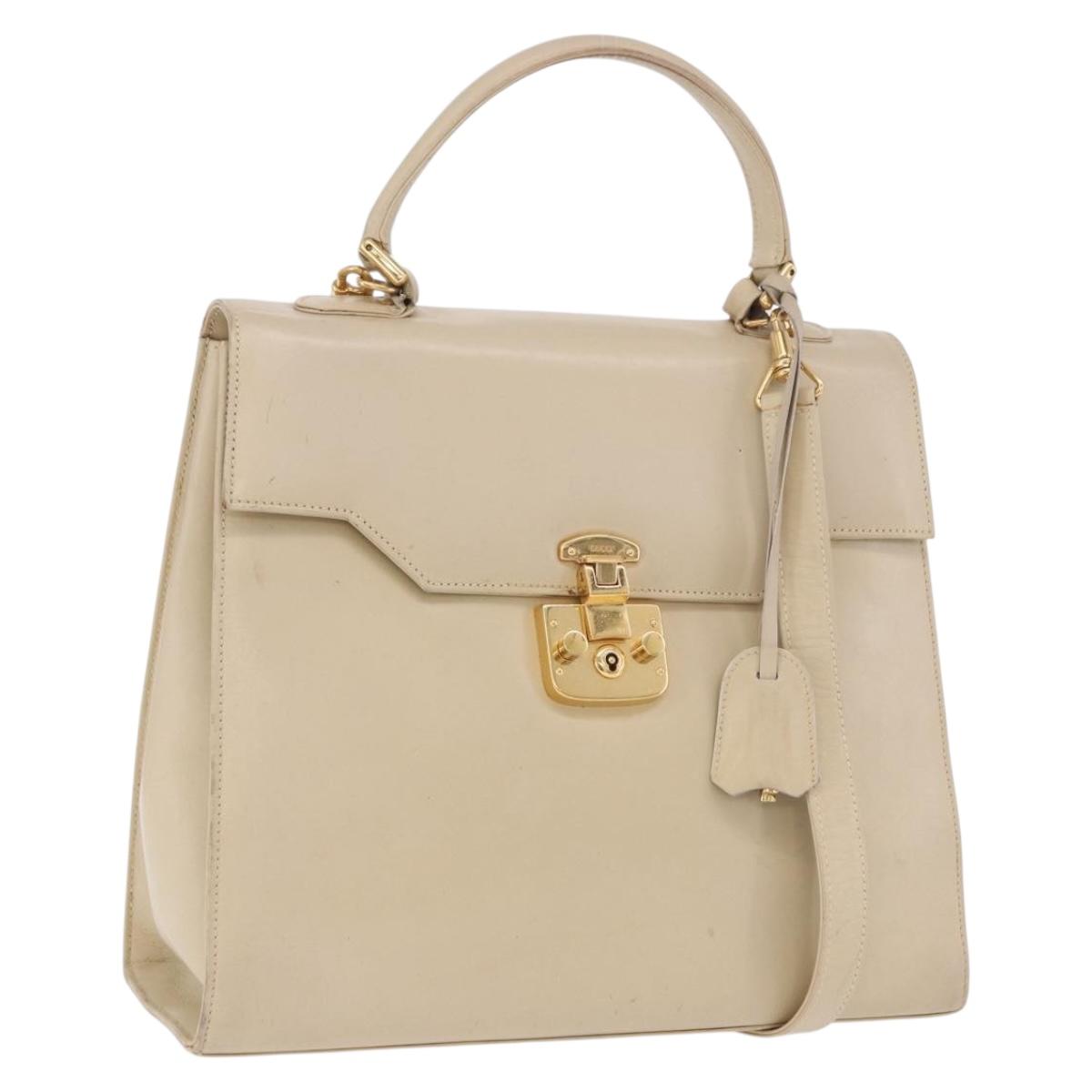 GUCCI Hand Bag Leather 2way Beige Gold Auth 197623
