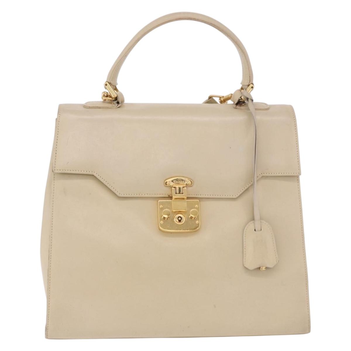 GUCCI Hand Bag Leather 2way Beige Gold Auth 197623