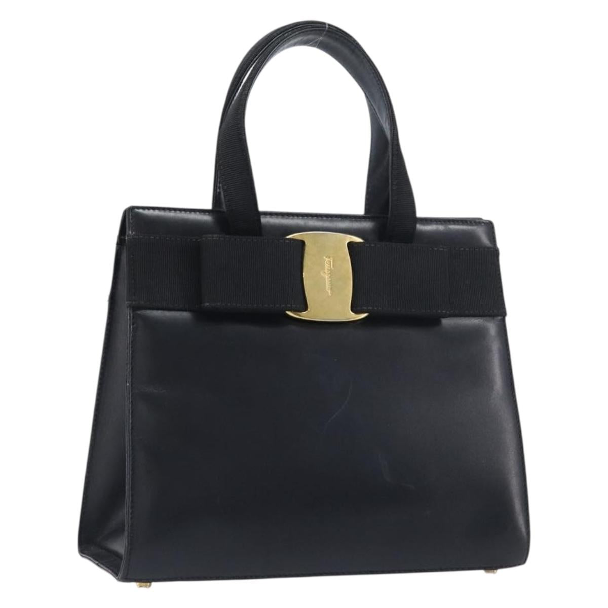 Salvatore Ferragamo Vala Hand Bag Leather Black Gold Auth 197630