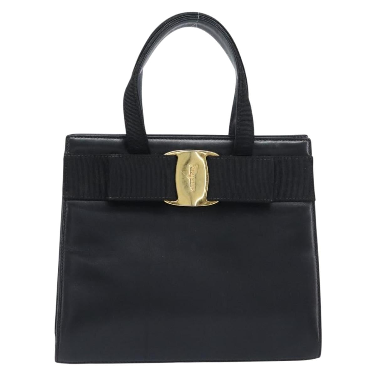 Salvatore Ferragamo Vala Hand Bag Leather Black Gold Auth 197630
