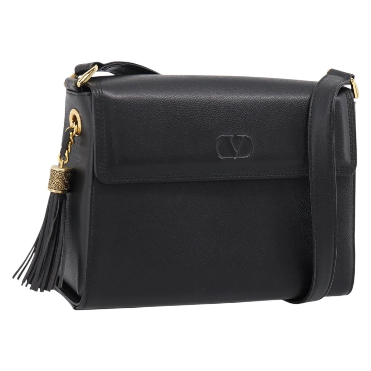 VALENTINO Shoulder Bag Leather Black Gold Auth 197645
