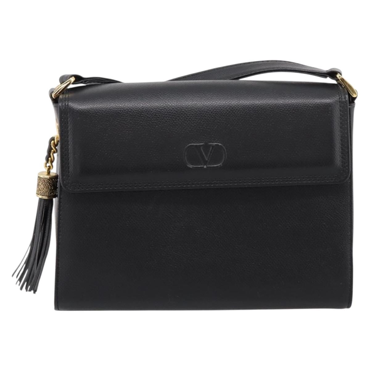 VALENTINO Shoulder Bag Leather Black Gold Auth 197645