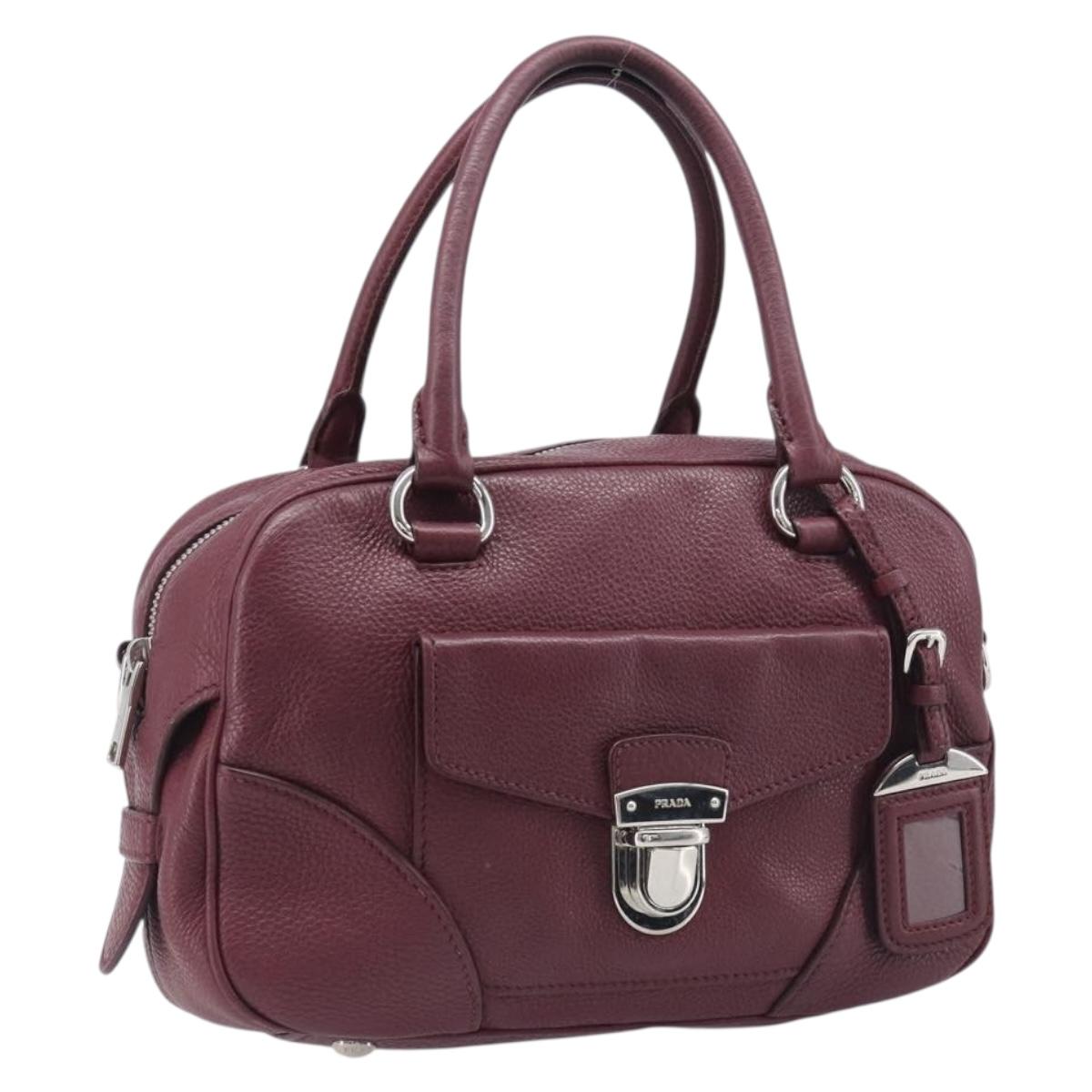 PRADA Hand Bag Leather Wine Red Silver Auth 197647A