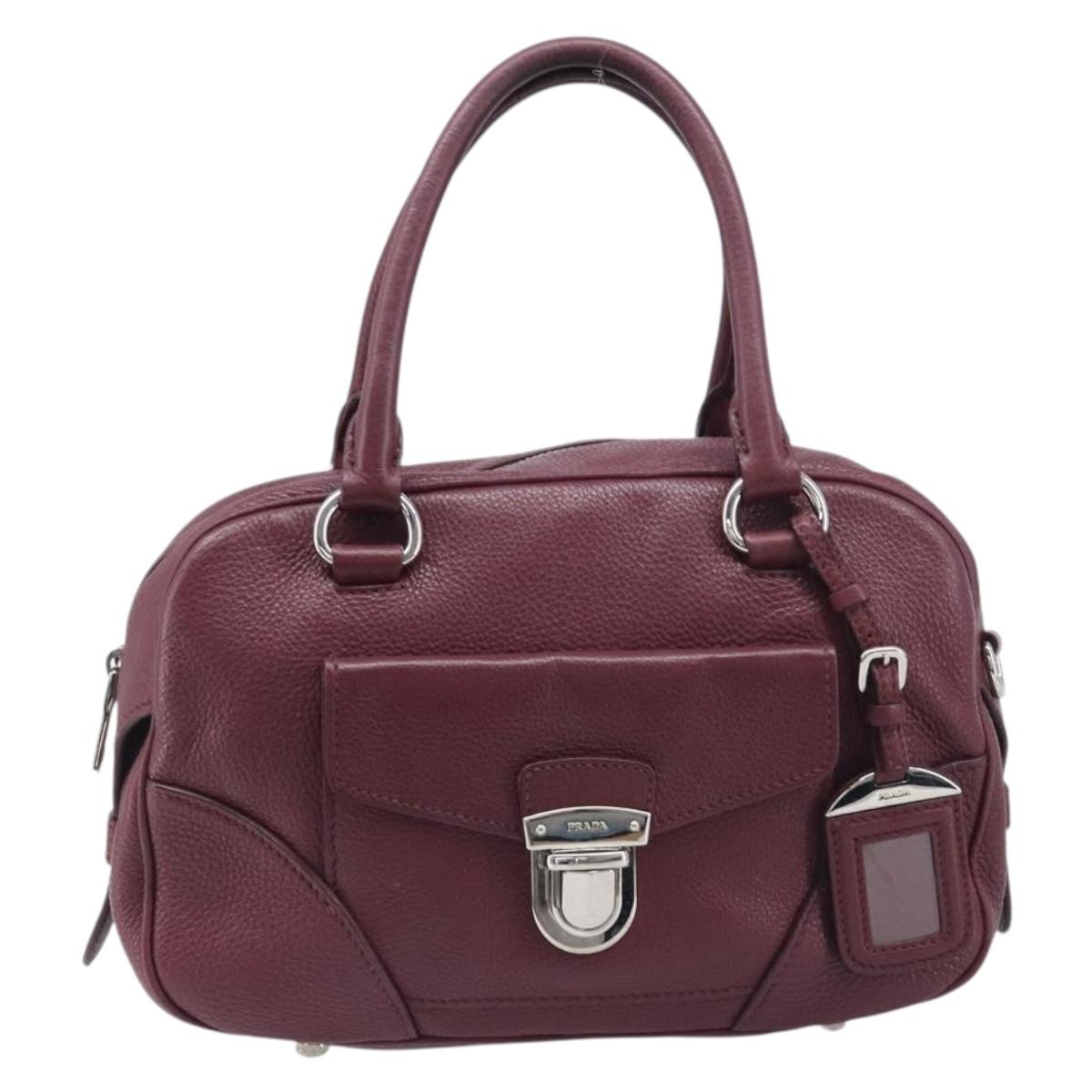 PRADA Hand Bag Leather Wine Red Silver Auth 197647A