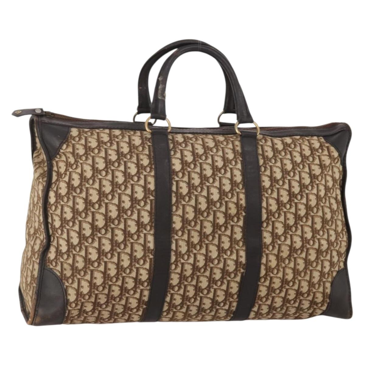 Christian Dior Trotter Canvas Boston Bag Beige Gold Auth 197651